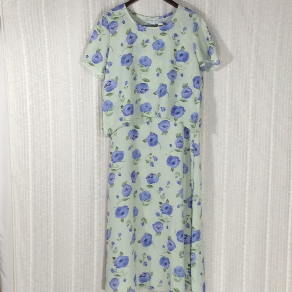 Bedford Fair Vintage Floral Maxi Dress & Blouse Set Green Blue Size 10